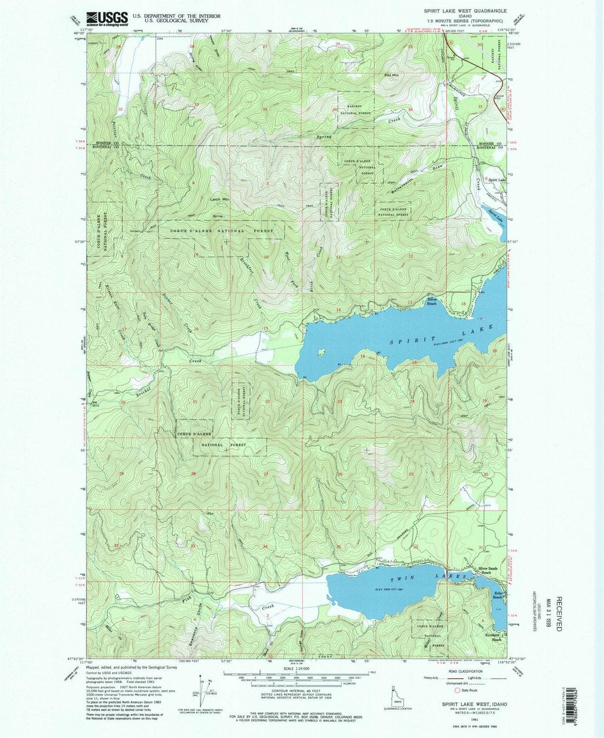 1961 Spirit Lake West, ID - Idaho - USGS Topographic Map