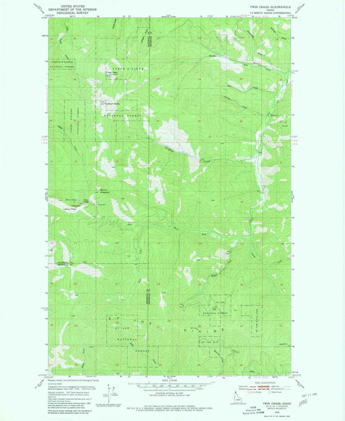 1950 Twin Crags, ID - Idaho - USGS Topographic Map