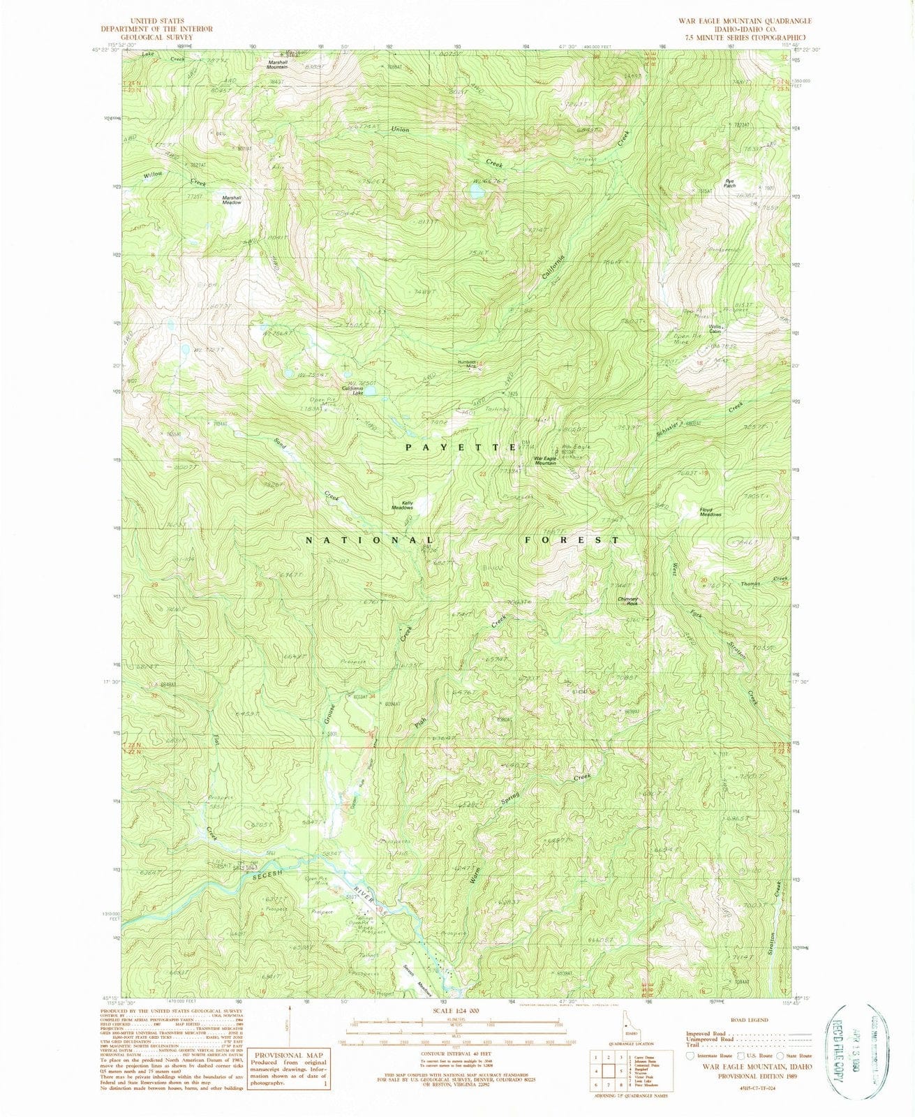 1989 War Eagle Mountain, ID - Idaho - USGS Topographic Map