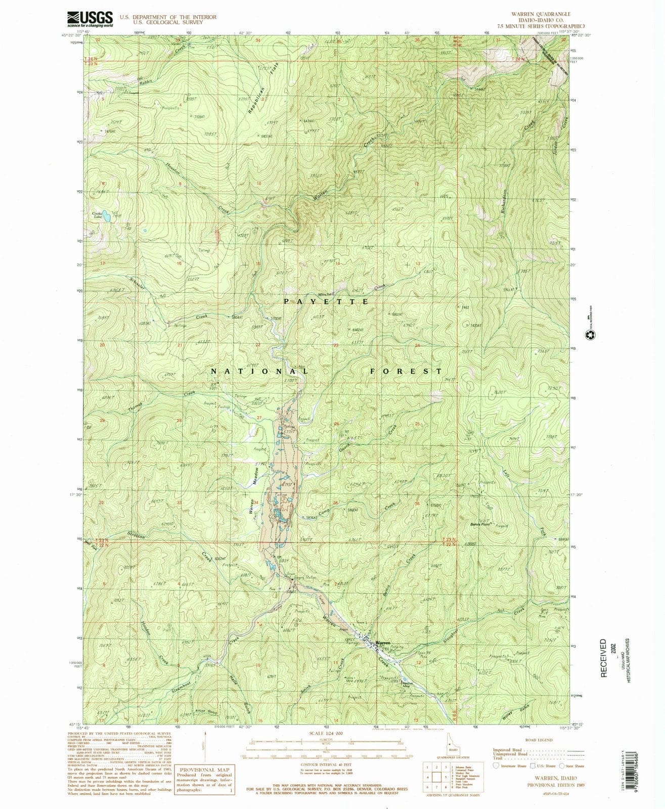 1989 Warren, ID - Idaho - USGS Topographic Map