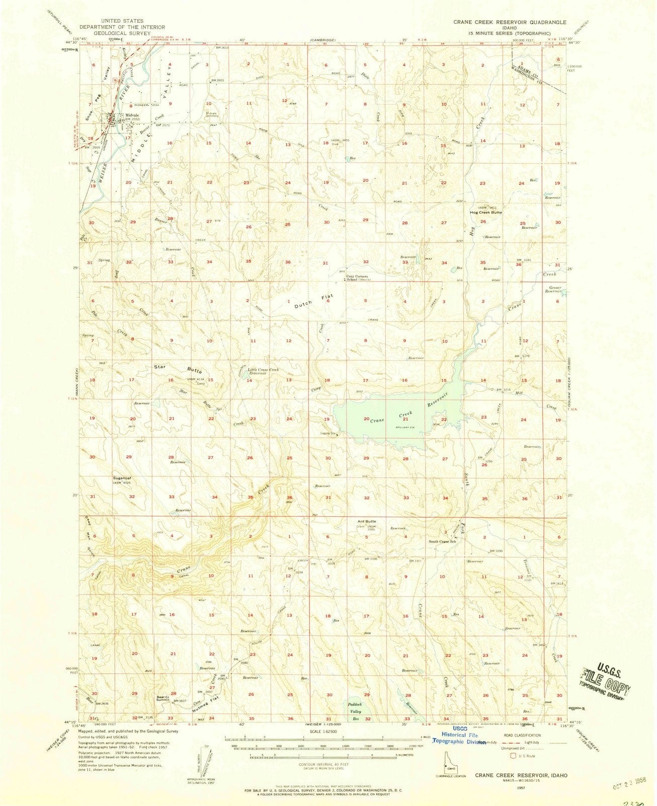 1957 Crane Creek Reservoir, ID - Idaho - USGS Topographic Map