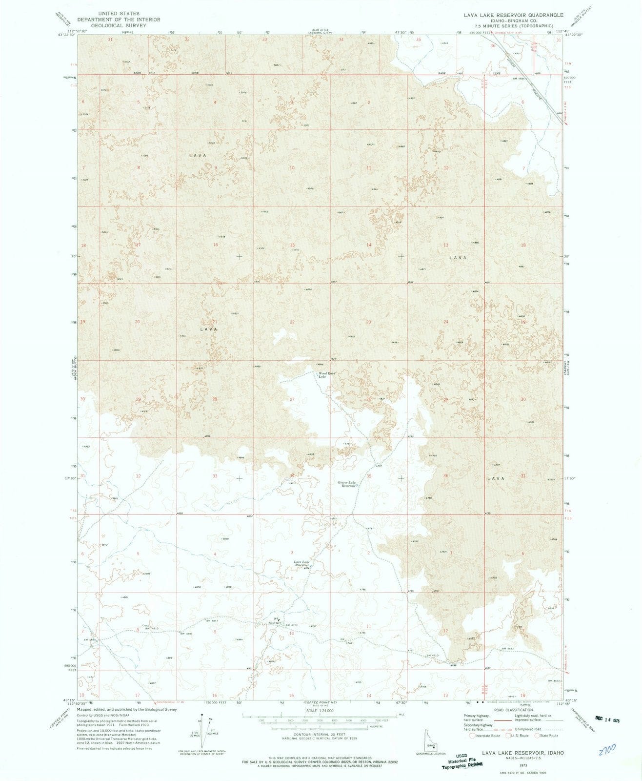 1973 Lava Lake Reservoir, ID - Idaho - USGS Topographic Map