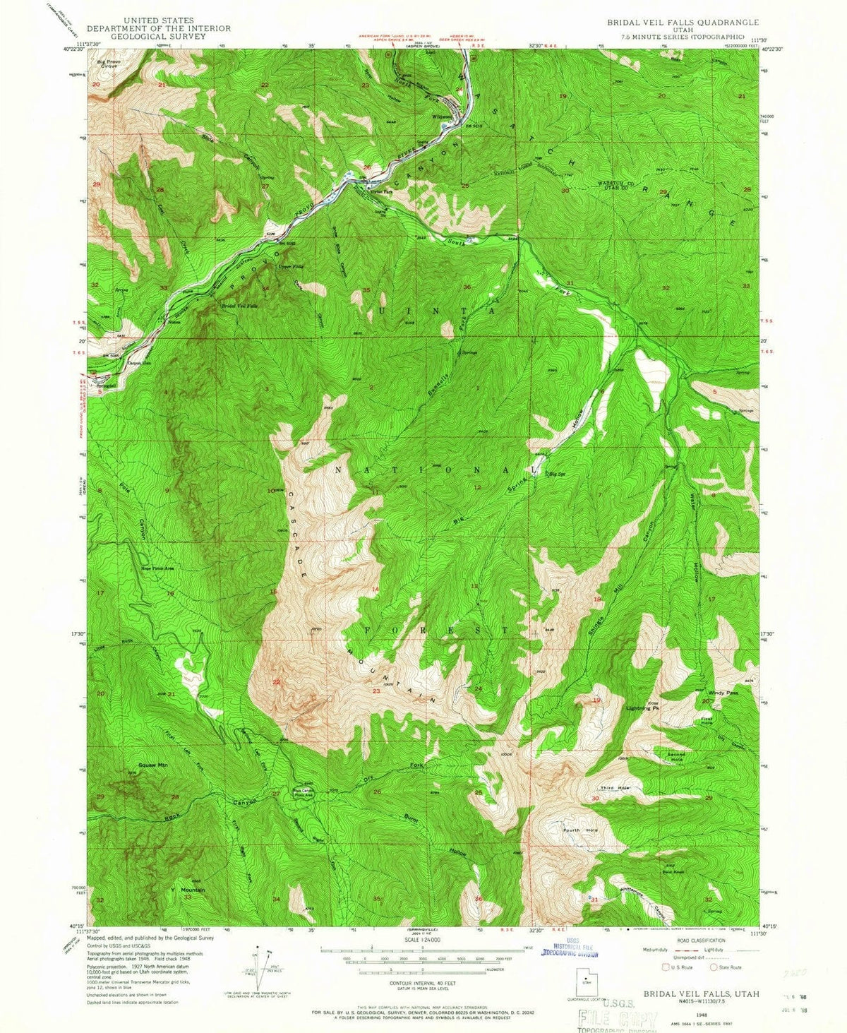 1948 Bridal Veil Falls, UT - Utah - USGS Topographic Map