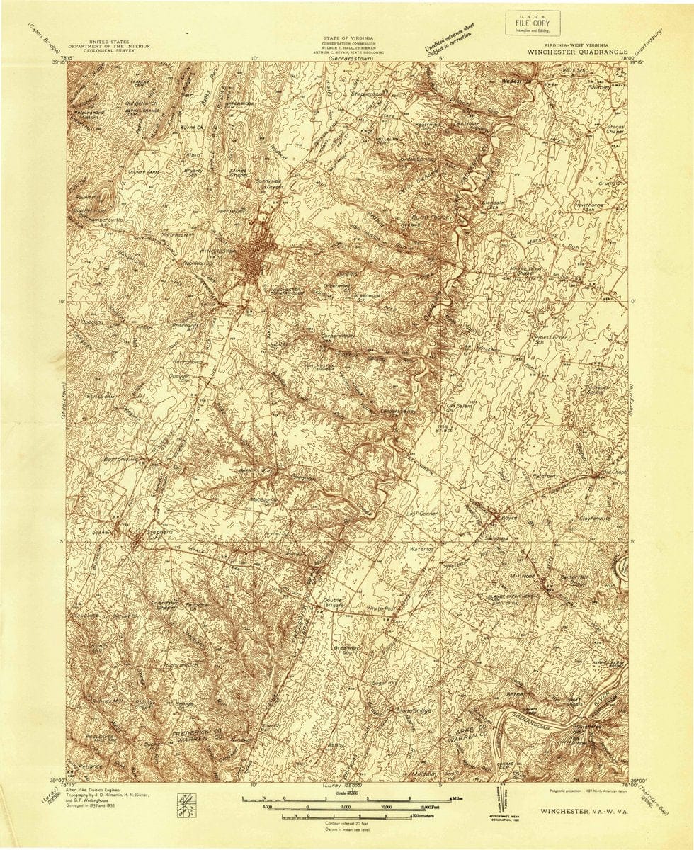 1938 Winchester, VA  - Virginia - USGS Topographic Map