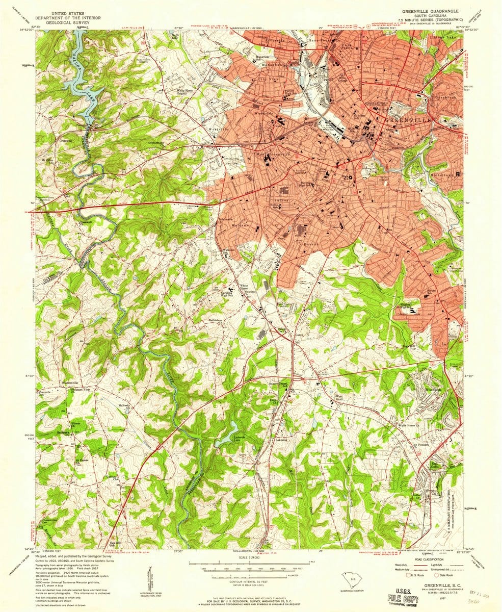 1957 Greenville, SC  - South Carolina - USGS Topographic Map