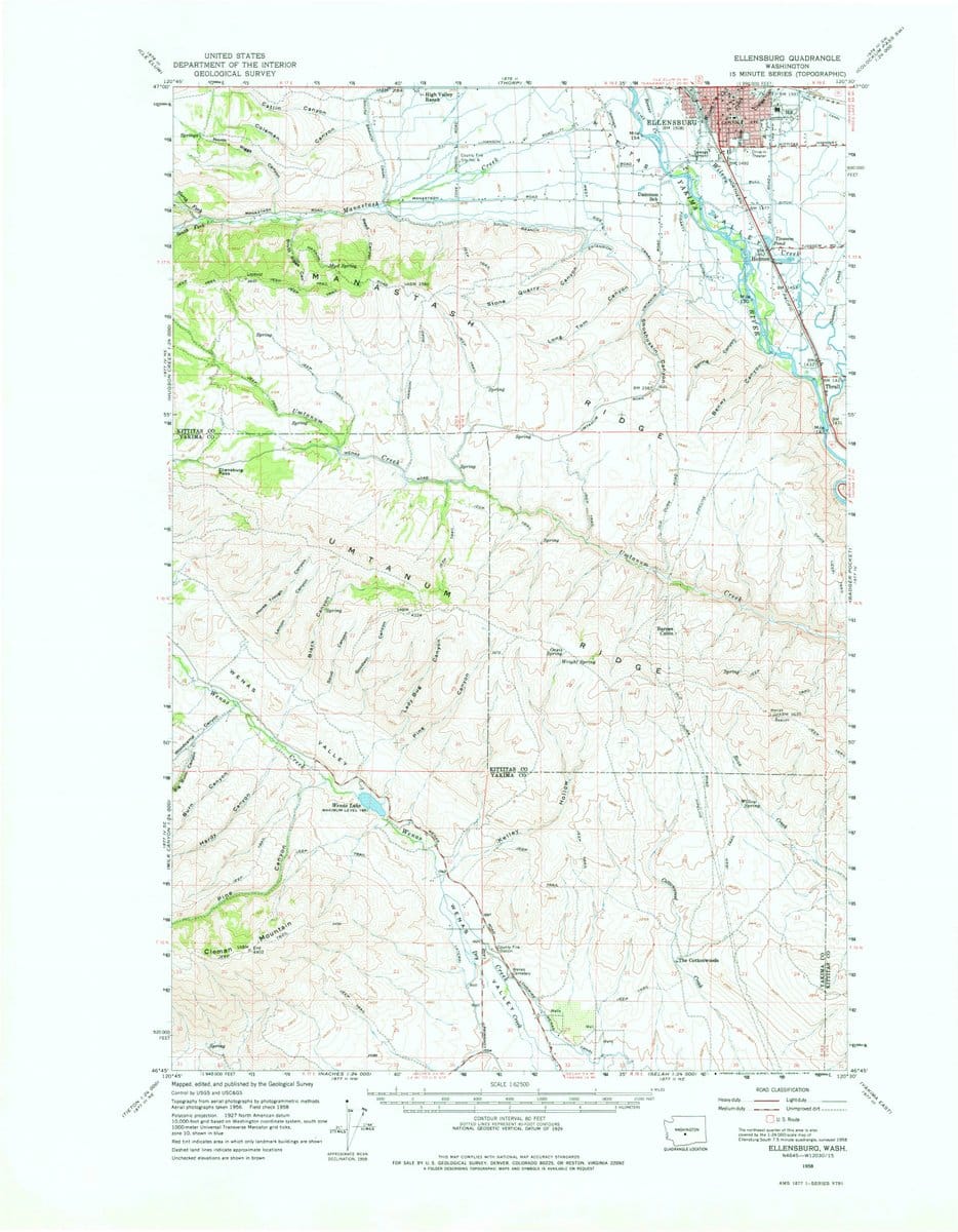 1958 Ellensburg, WA  - Washington - USGS Topographic Map