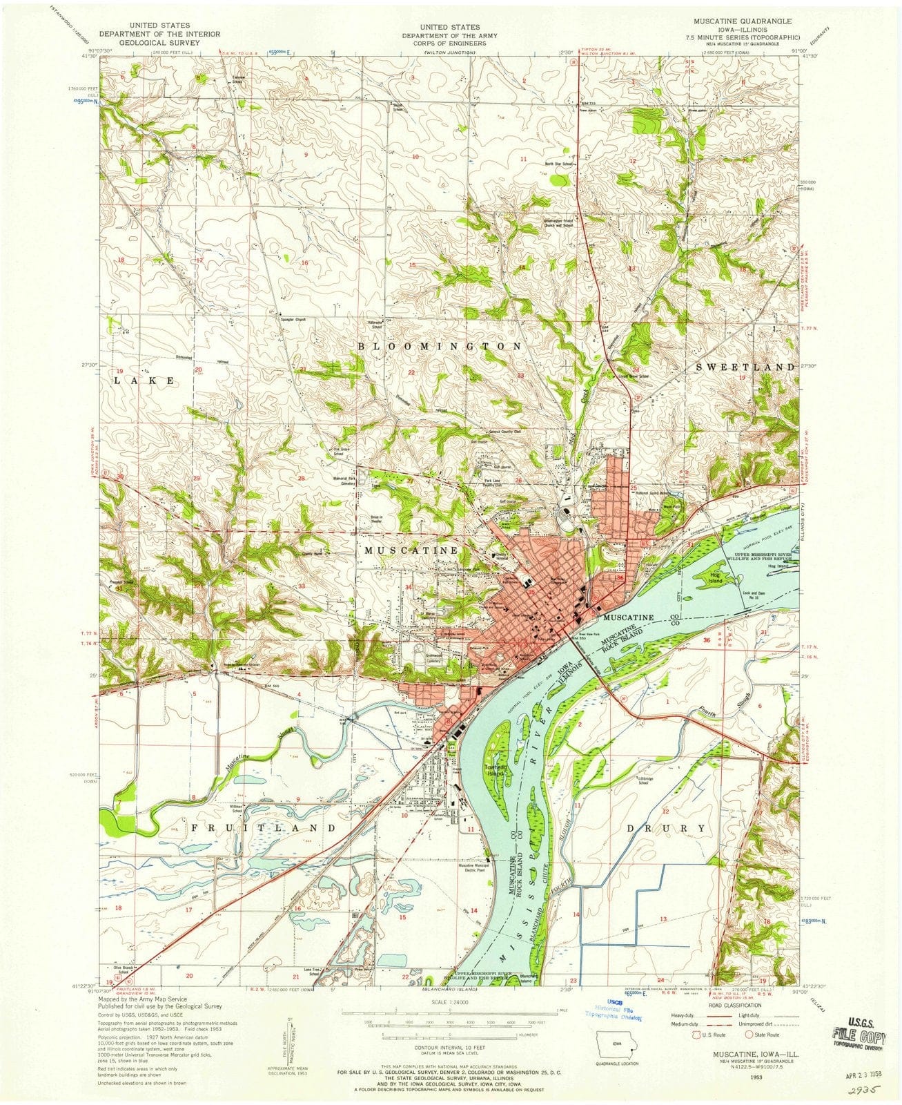 1953 Muscatine, IA - Iowa - USGS Topographic Map