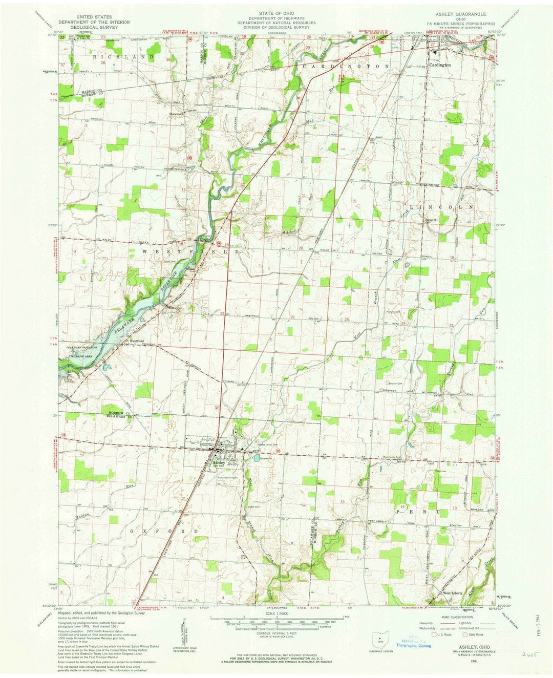 1961 Ashley, OH - Ohio - USGS Topographic Map