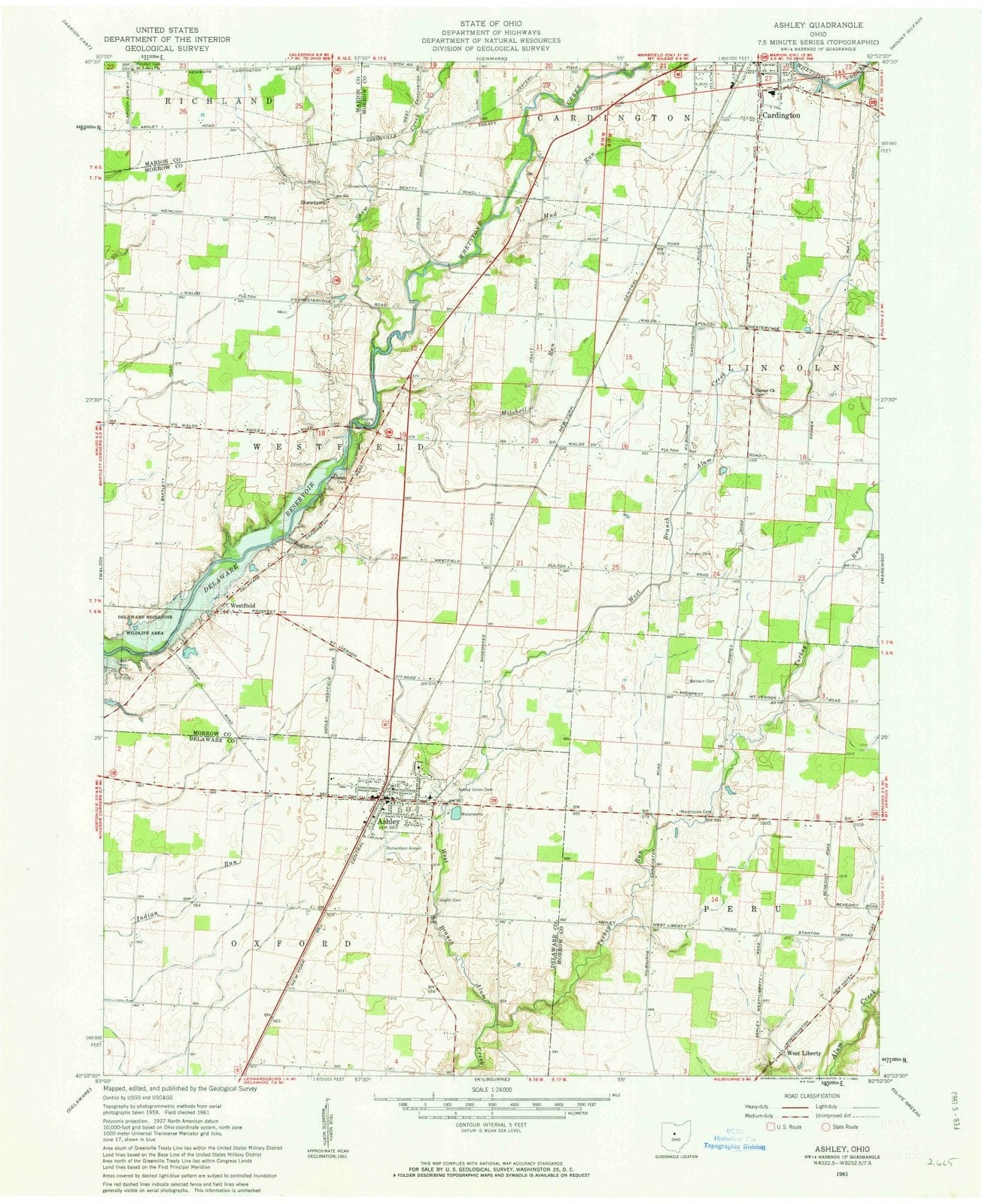 1961 Ashley, OH - Ohio - USGS Topographic Map