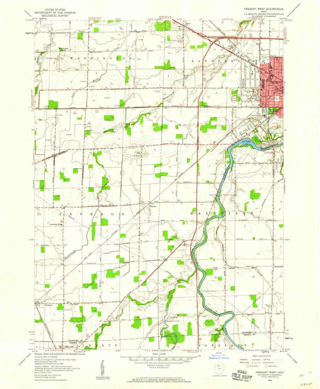 1958 Fremont West, OH - Ohio - USGS Topographic Map