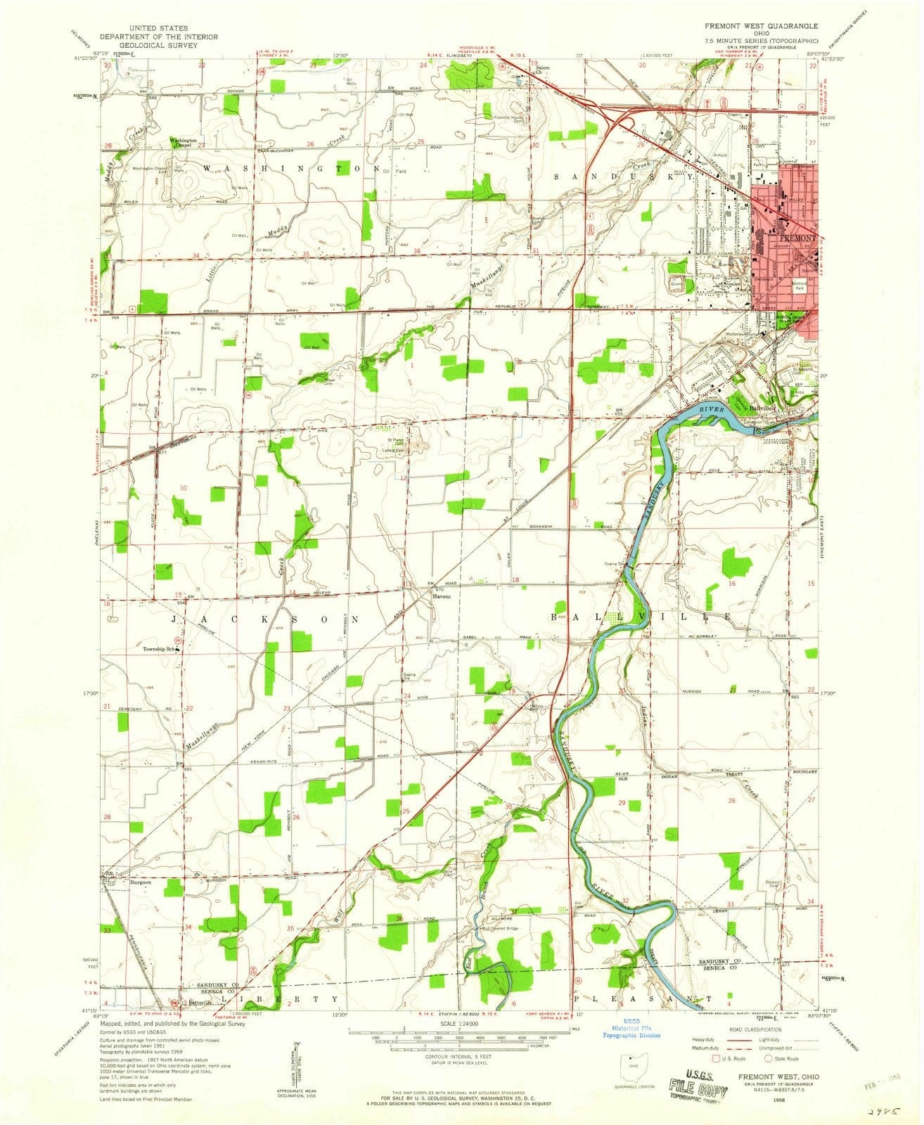 1958 Fremont West, OH - Ohio - USGS Topographic Map