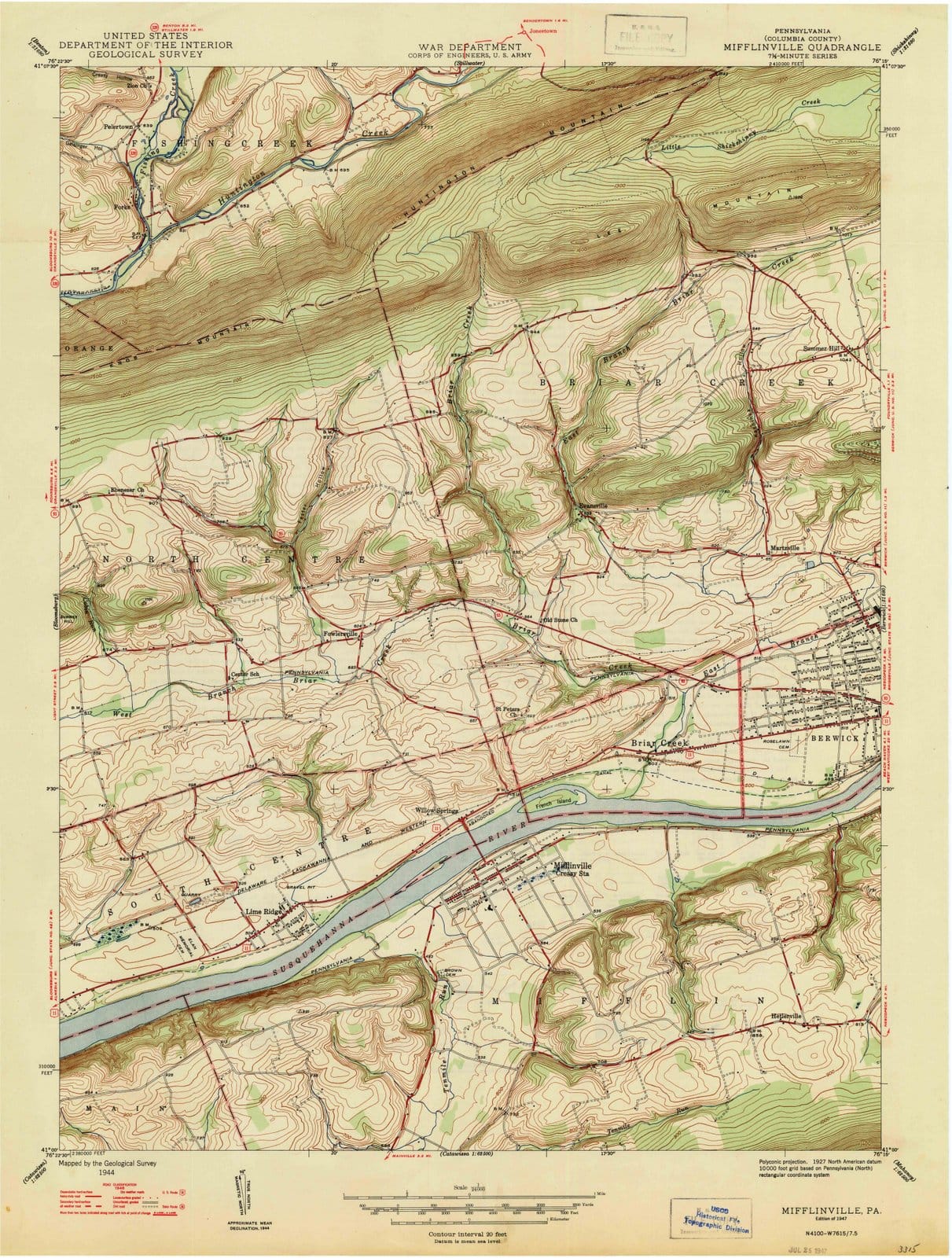 1947 Mifflinville, PA - Pennsylvania - USGS Topographic Map