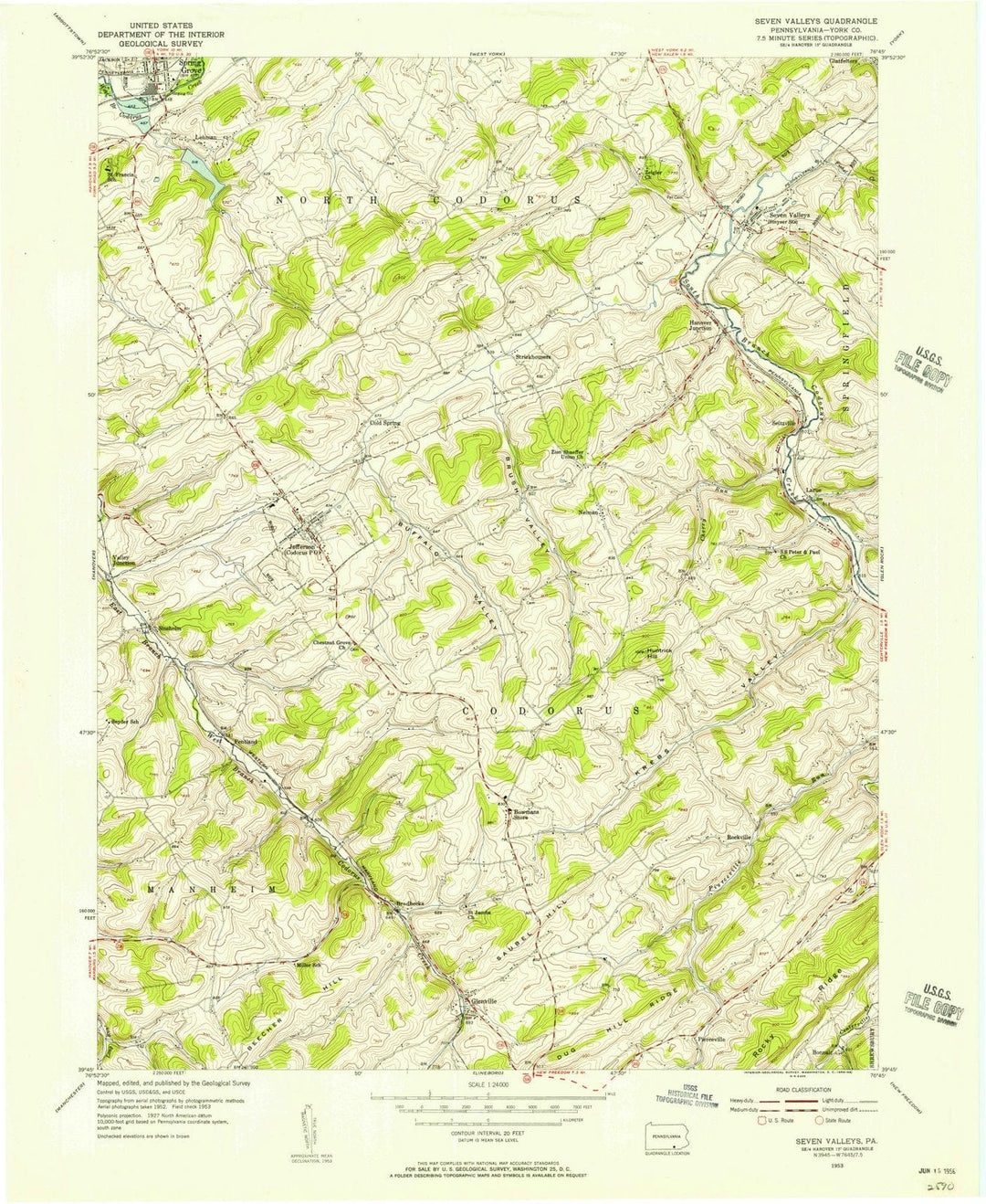 1953 Seven Valleys, PA - Pennsylvania - USGS Topographic Map