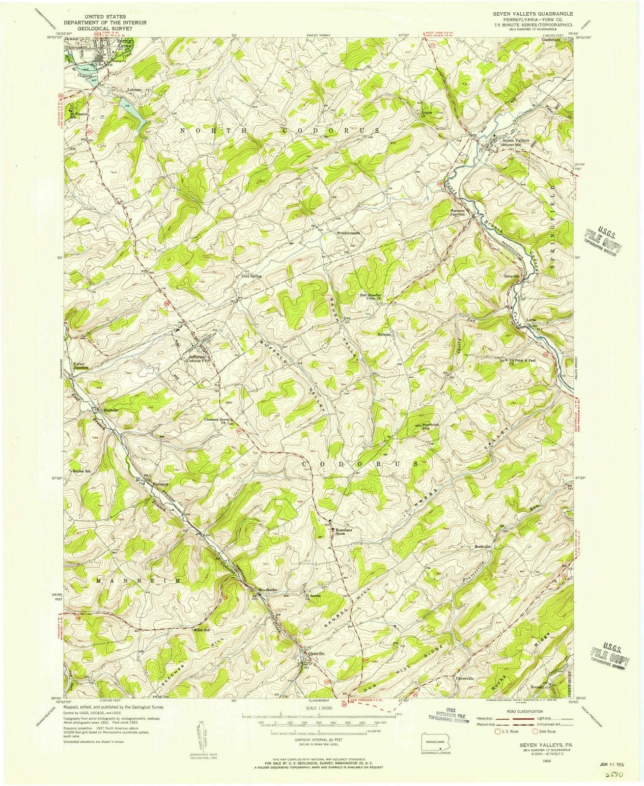1953 Seven Valleys, PA - Pennsylvania - USGS Topographic Map
