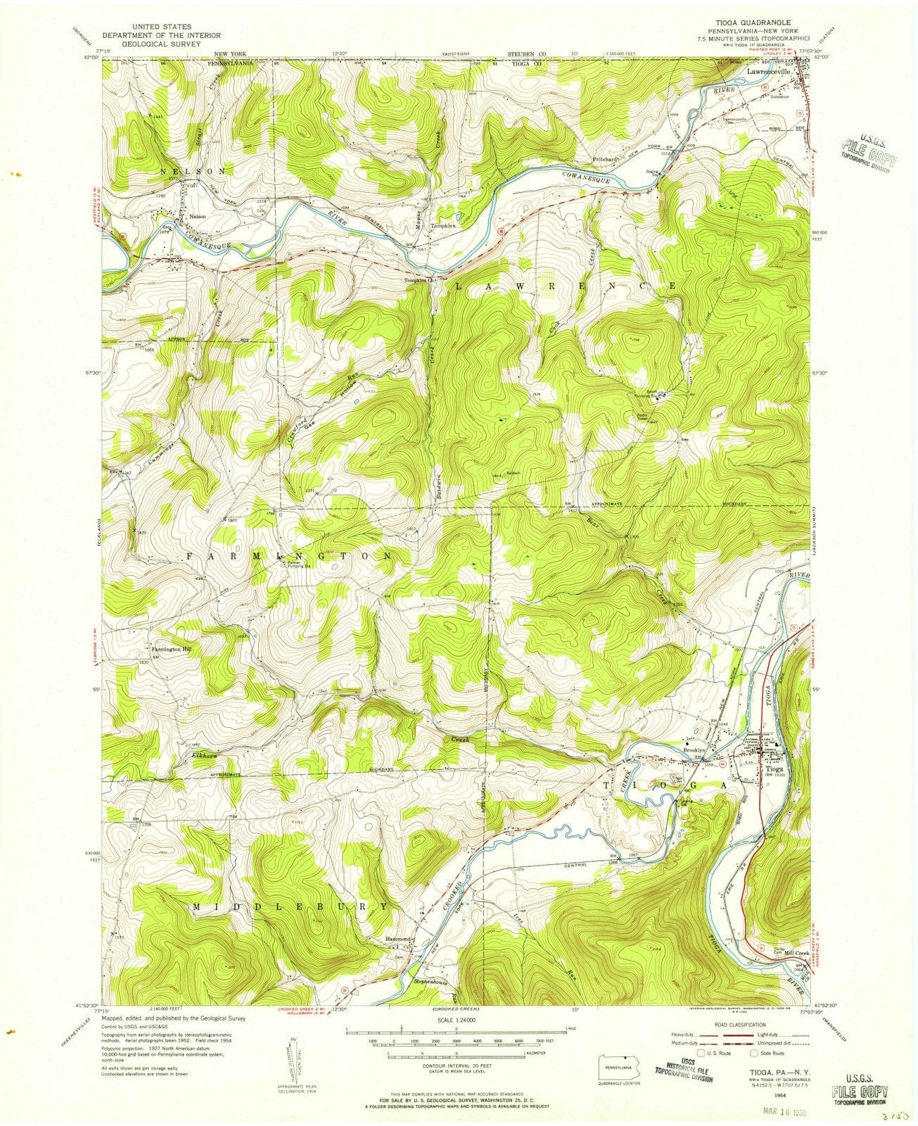 1954 Tioga, PA - Pennsylvania - USGS Topographic Map