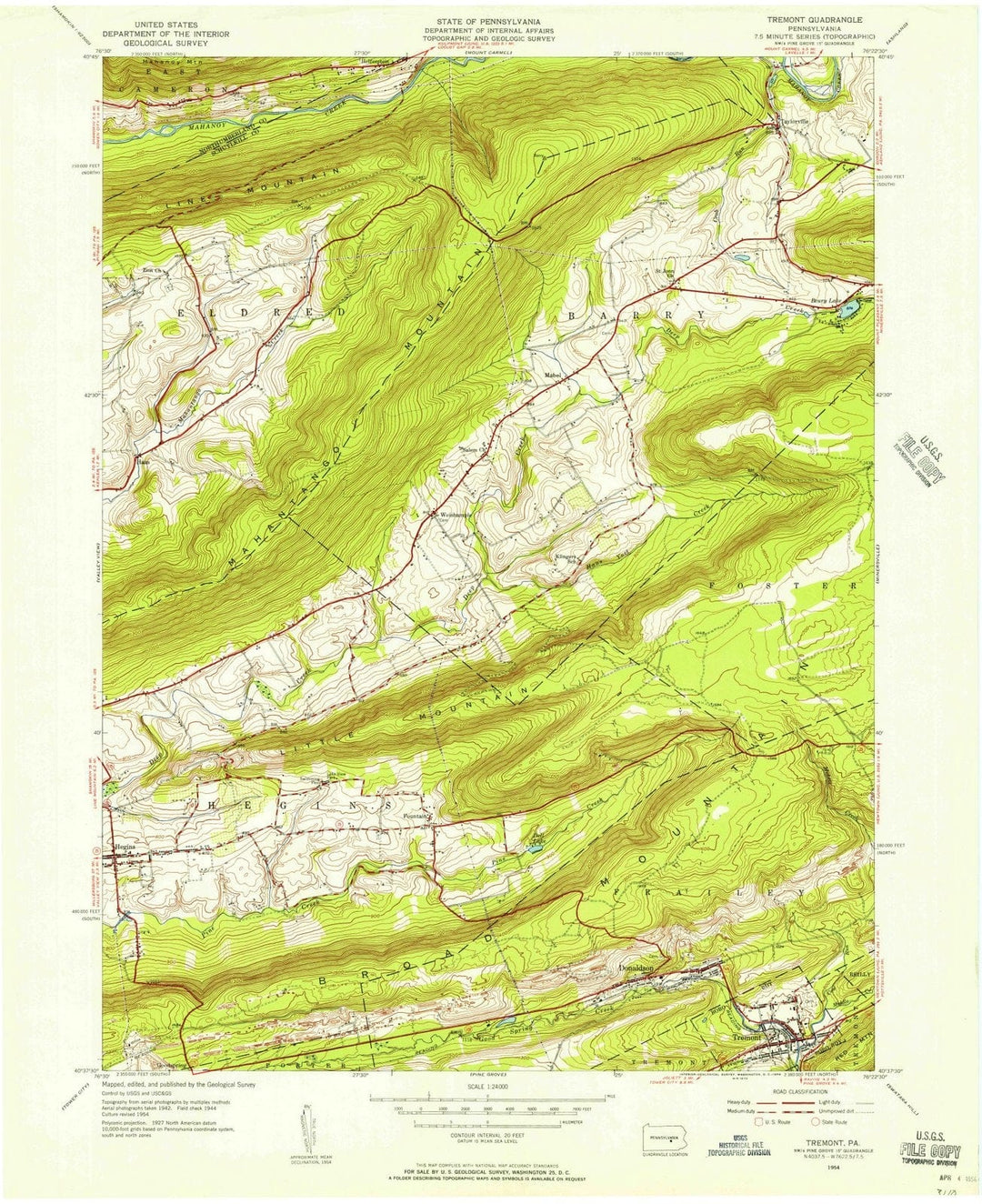 1954 Tremont, PA - Pennsylvania - USGS Topographic Map
