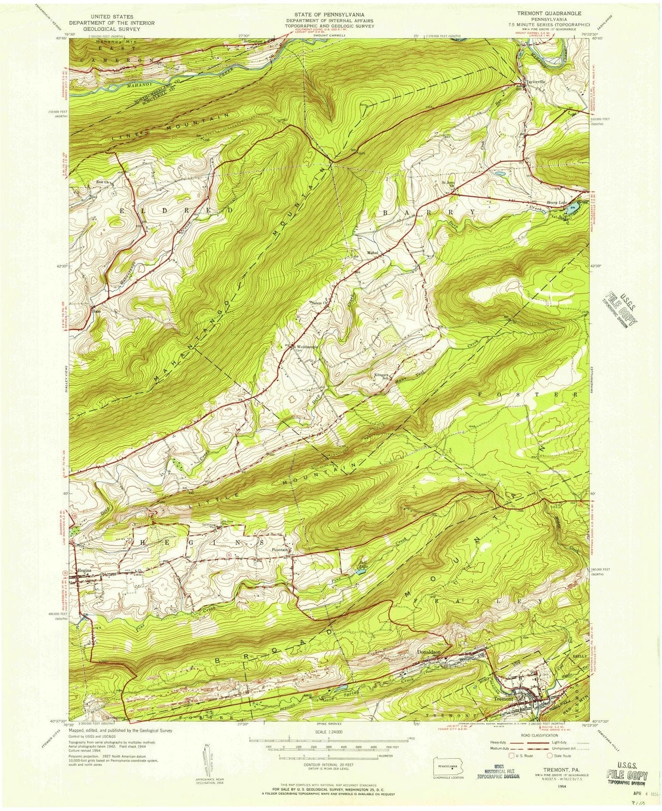 1954 Tremont, PA - Pennsylvania - USGS Topographic Map