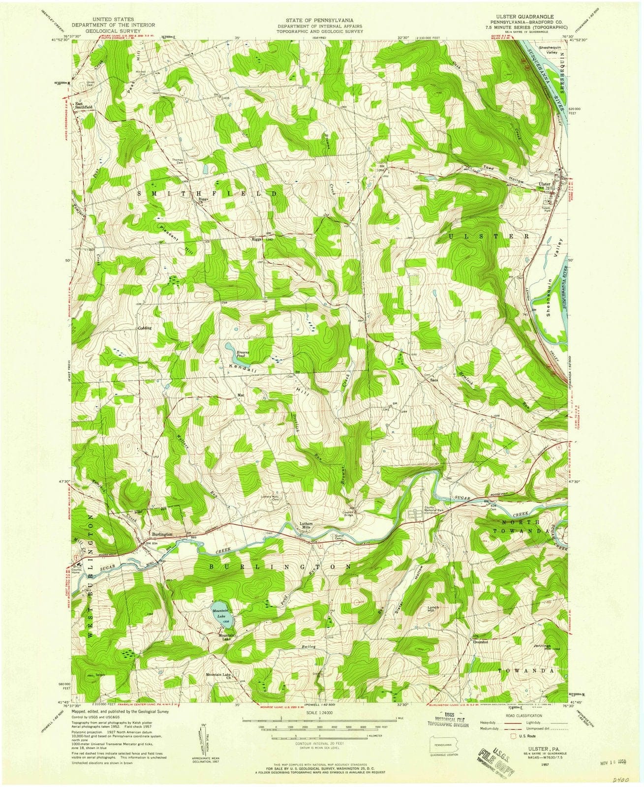 1957 Ulster, PA - Pennsylvania - USGS Topographic Map