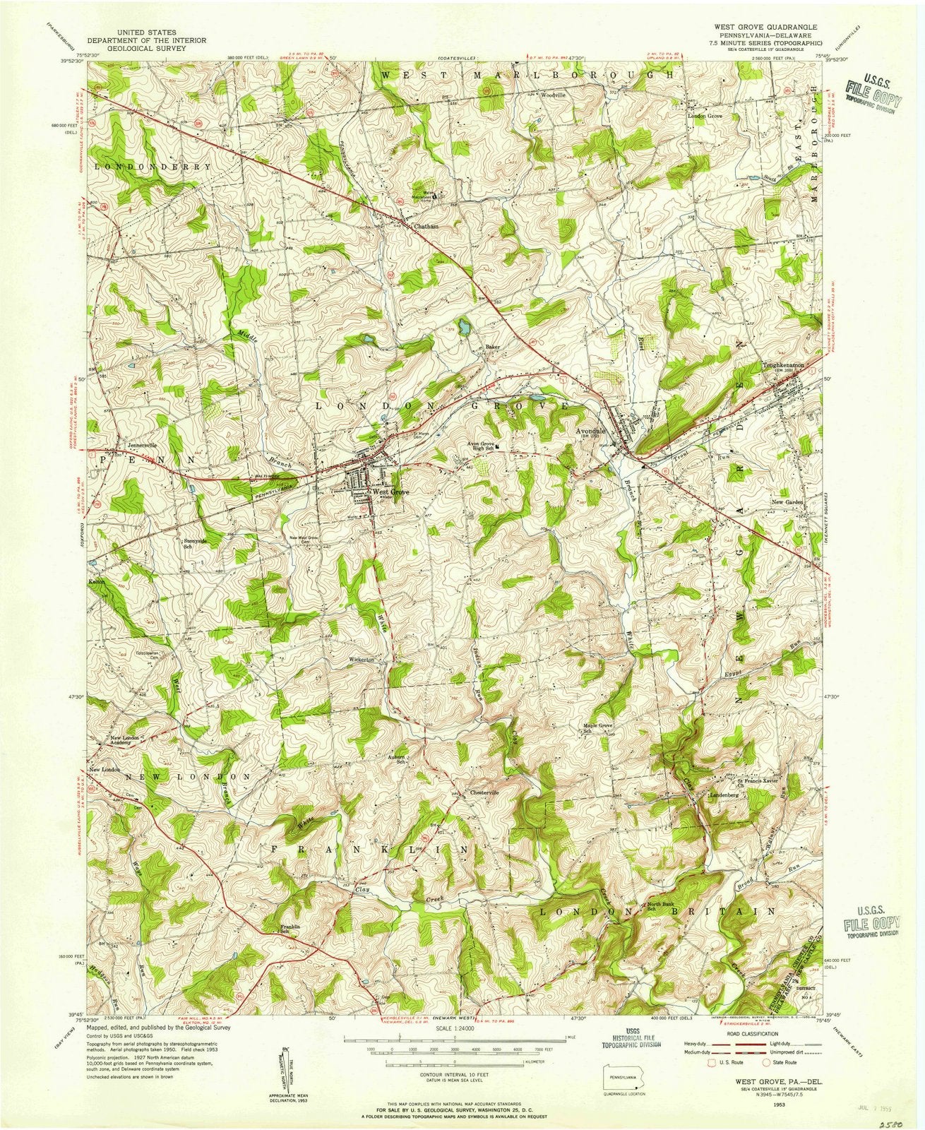 1953 West Grove, PA - Pennsylvania - USGS Topographic Map