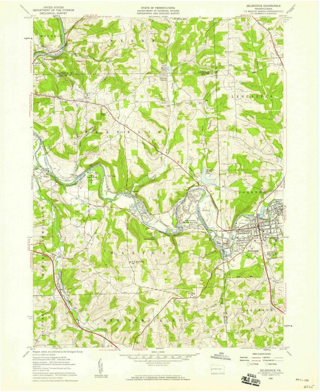 1958 Zelienople, PA - Pennsylvania - USGS Topographic Map