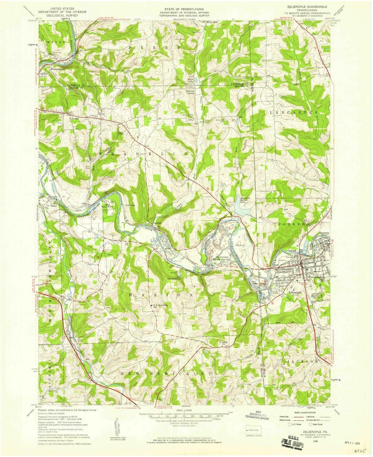 1958 Zelienople, PA - Pennsylvania - USGS Topographic Map