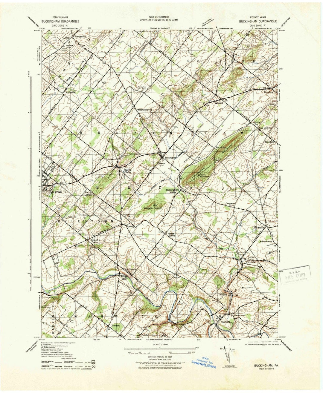 1943 Buckingham, PA - Pennsylvania - USGS Topographic Map