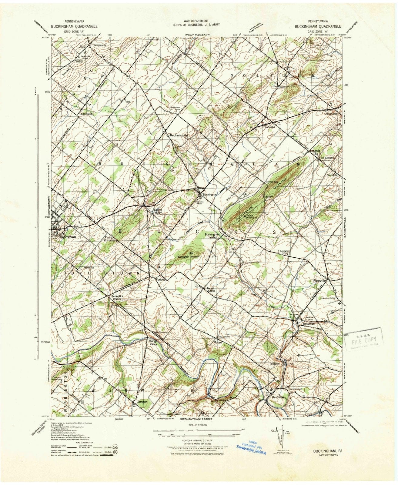 1943 Buckingham, PA - Pennsylvania - USGS Topographic Map
