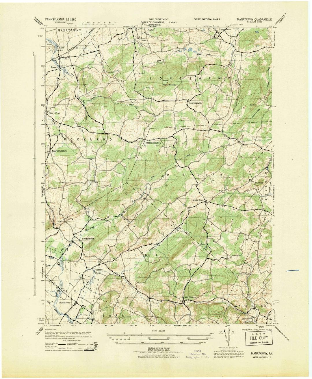 1943 Manatawny, PA - Pennsylvania - USGS Topographic Map