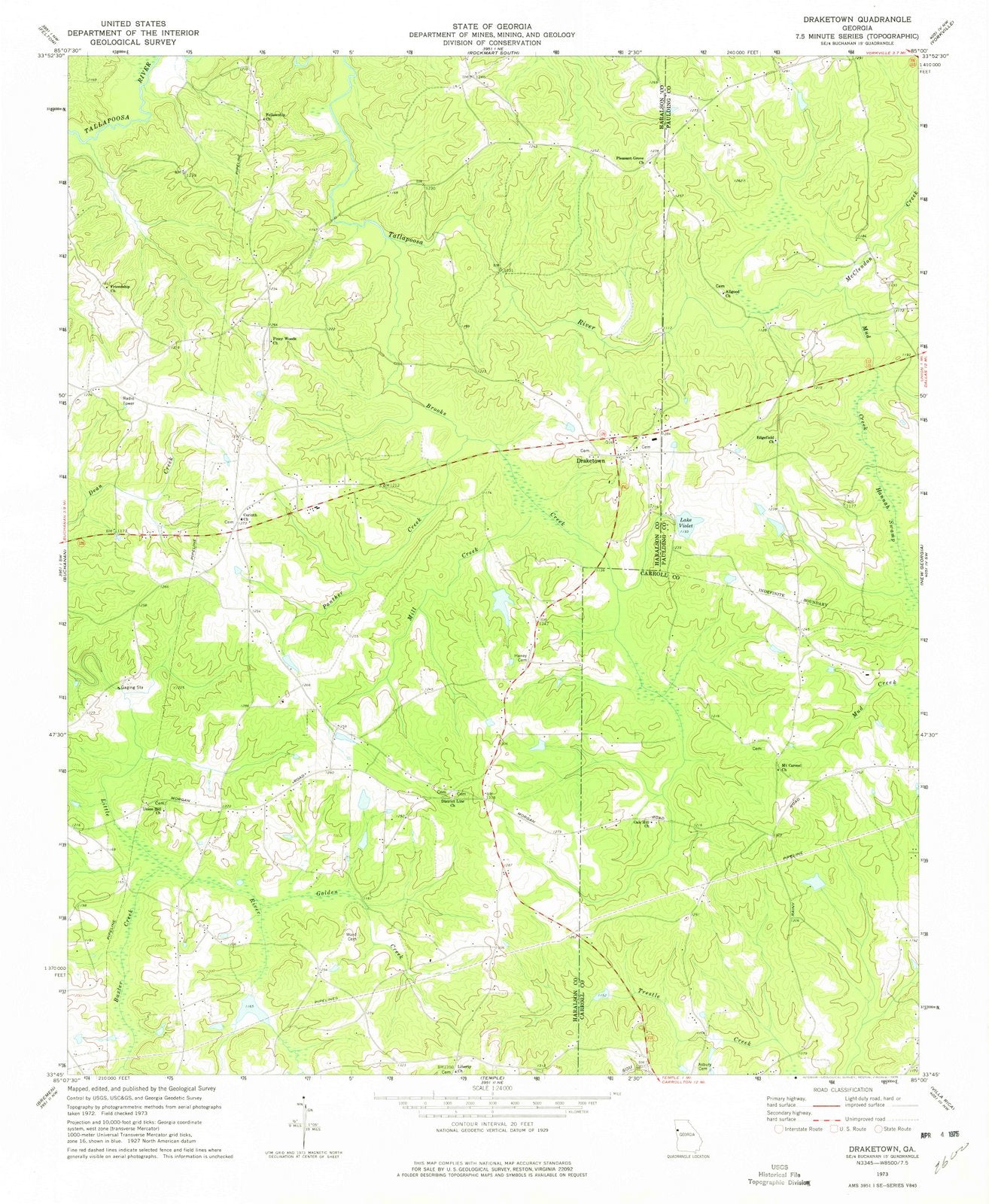 1973 Draketown, GA - Georgia - USGS Topographic Map