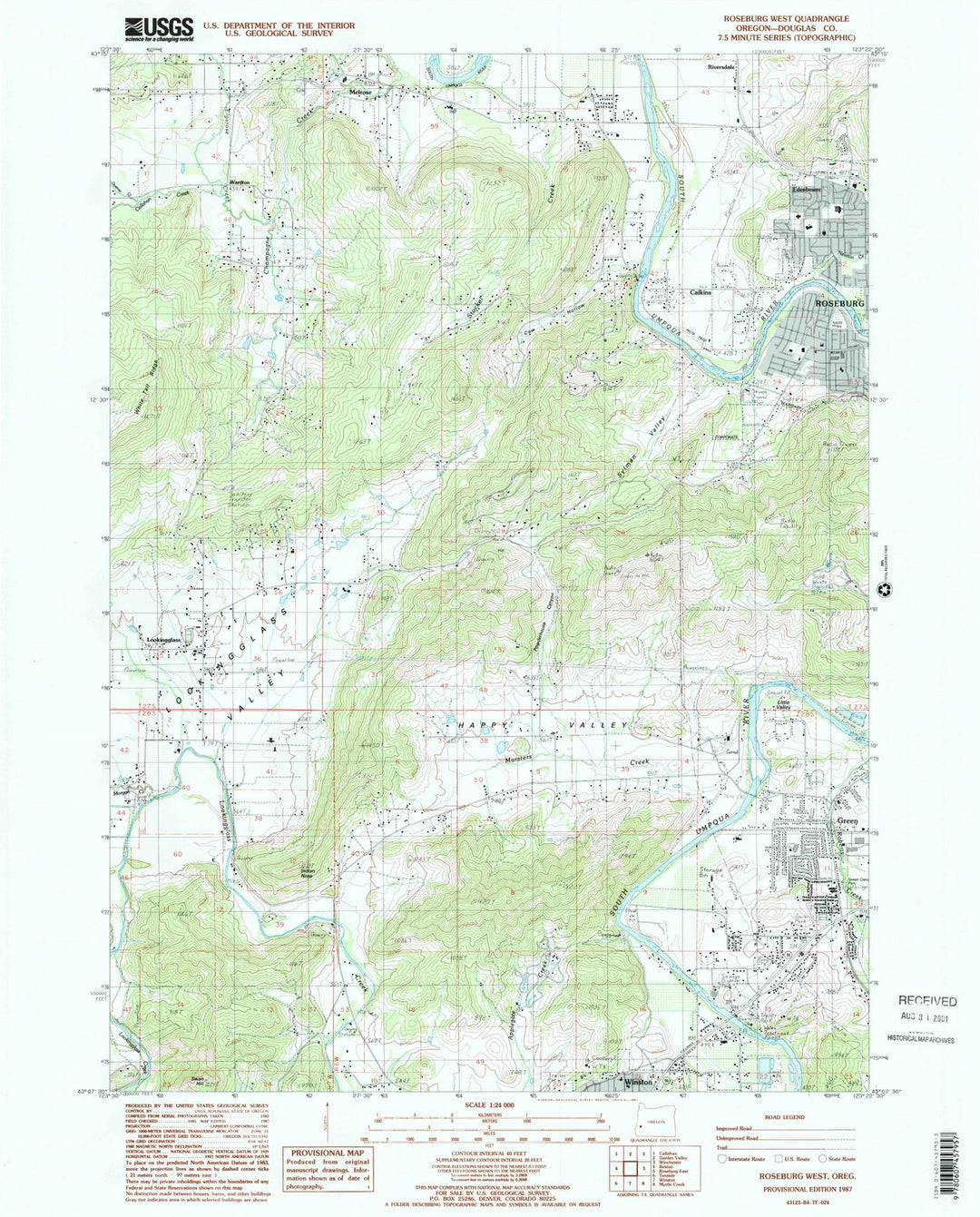 1987 Roseburg West, OR - Oregon - USGS Topographic Map