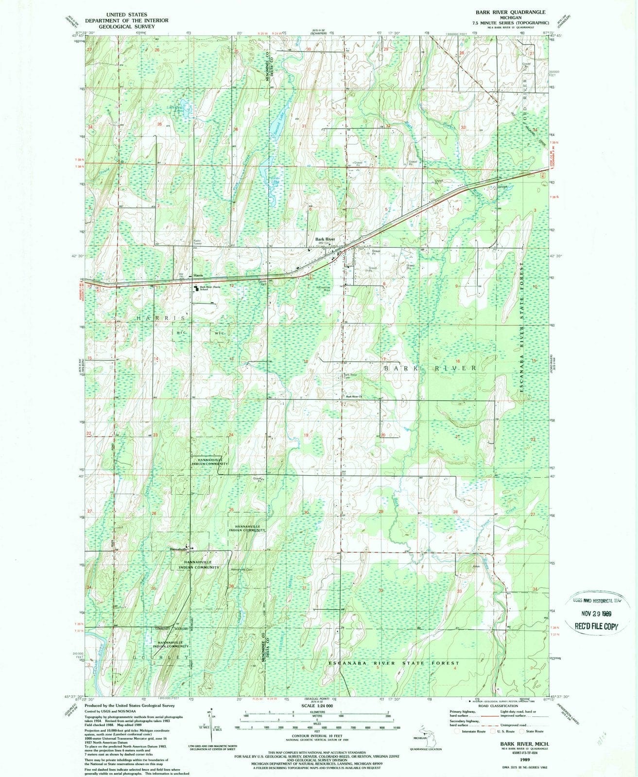 1989 Bark River, MI - Michigan - USGS Topographic Map