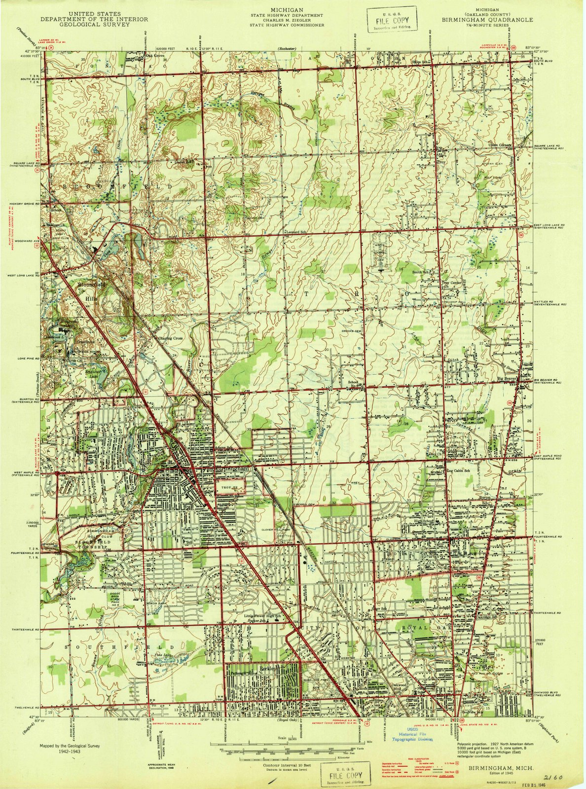 1945 Birmingham, MI - Michigan - USGS Topographic Map