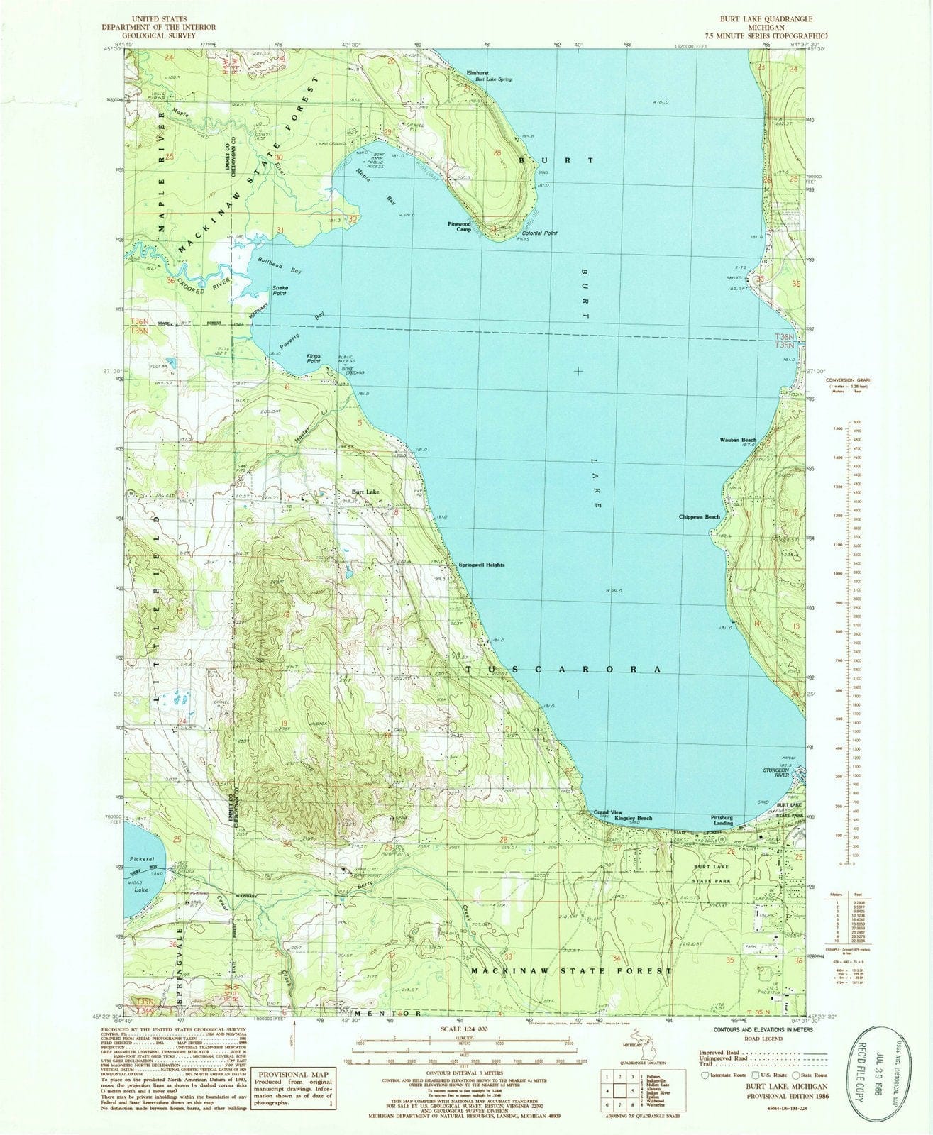 1986 Burt Lake, MI - Michigan - USGS Topographic Map