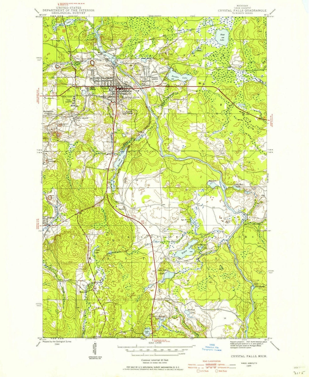 1944 Crystal Falls, MI - Michigan - USGS Topographic Map