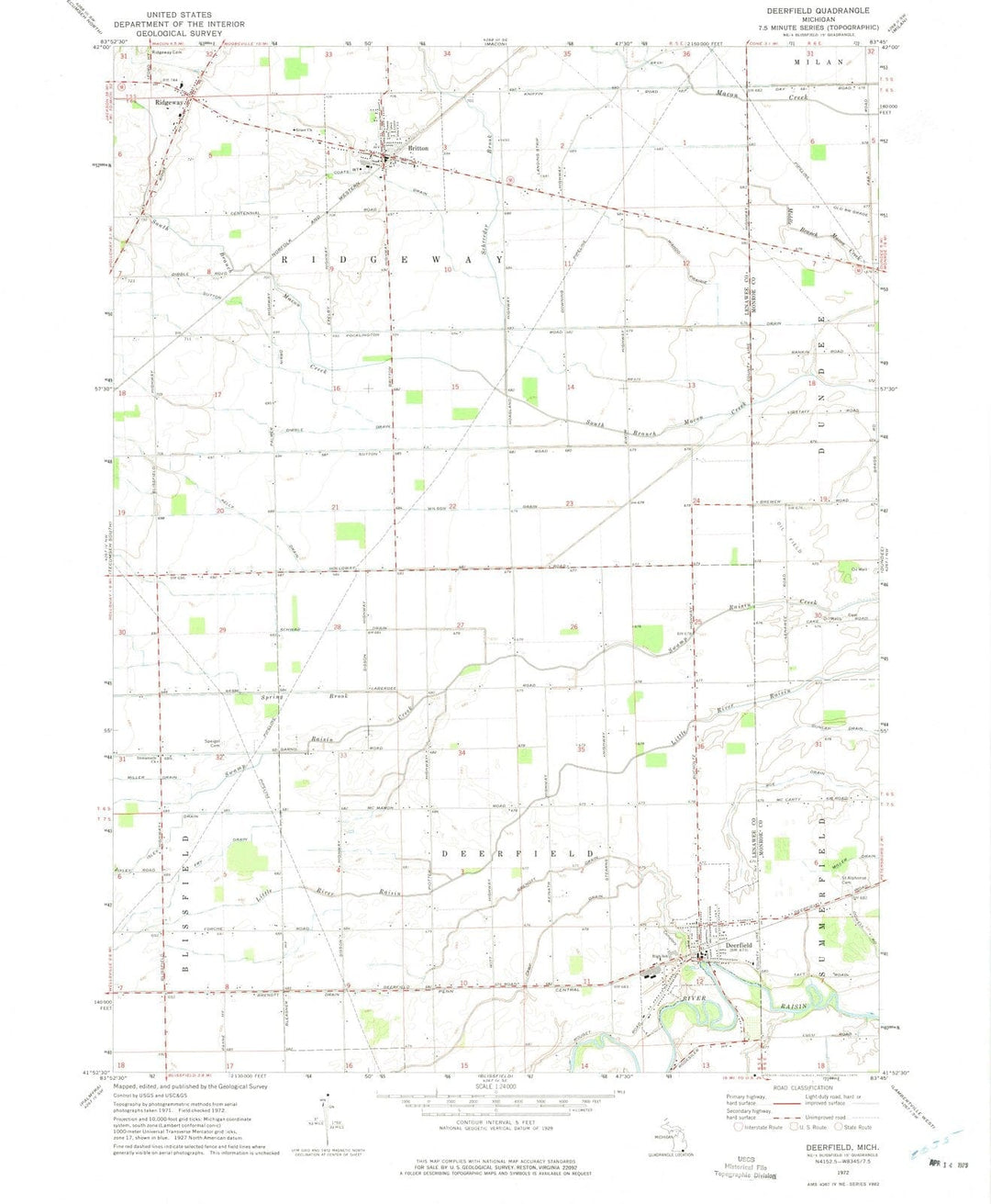 1972 Deerfield, MI - Michigan - USGS Topographic Map