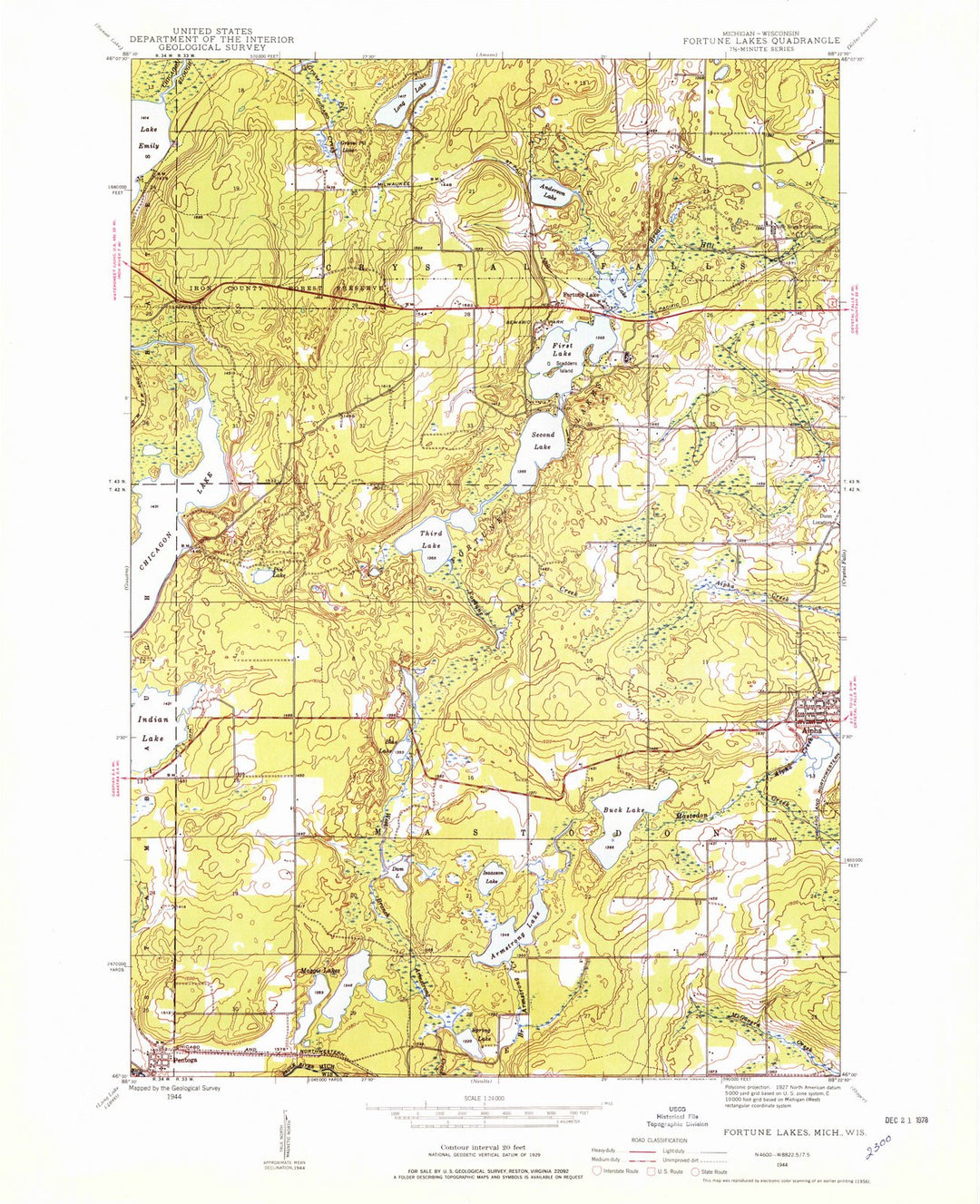 1944 Fortune Lakes, MI - Michigan - USGS Topographic Map