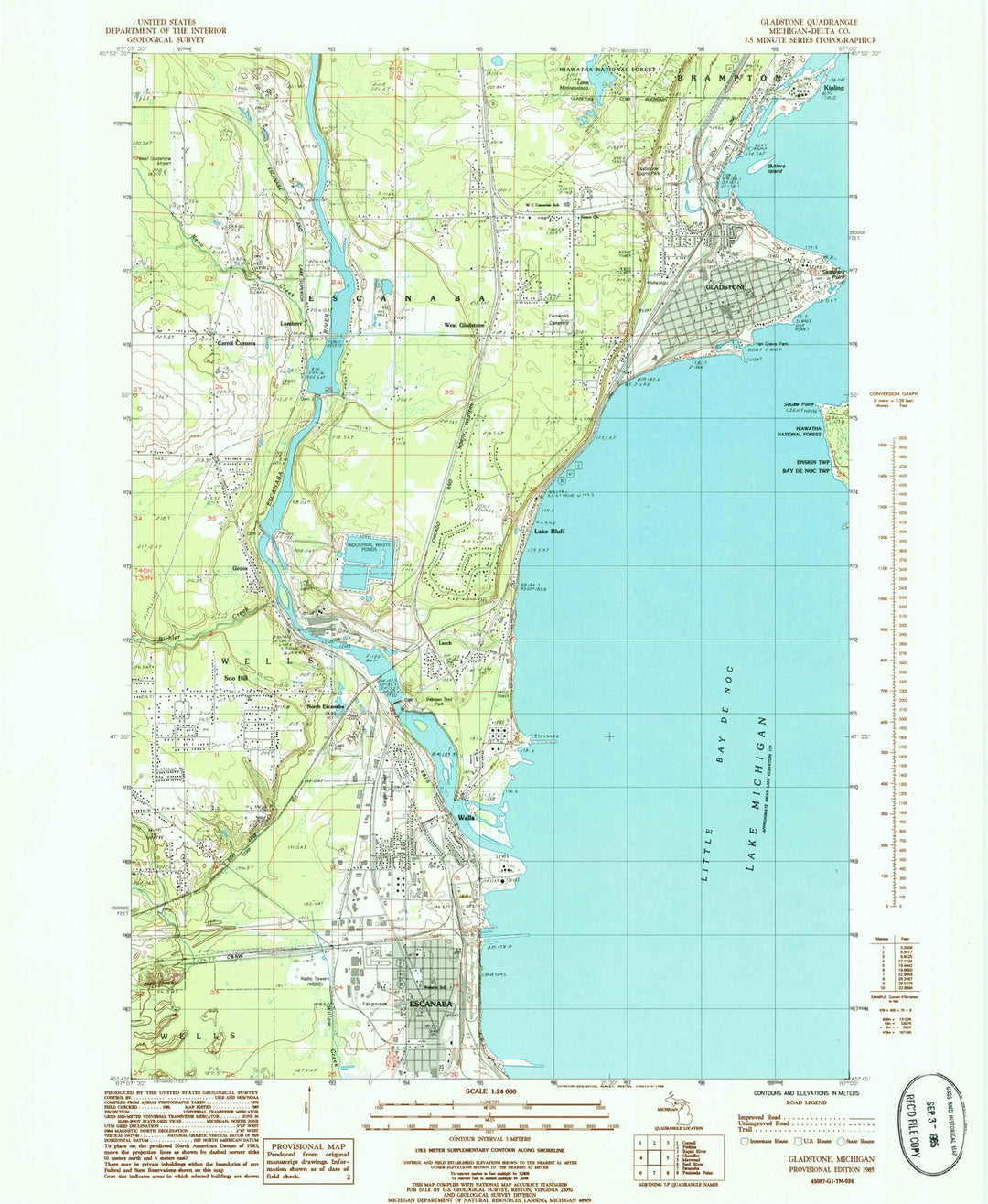 1985 Gladstone, MI - Michigan - USGS Topographic Map