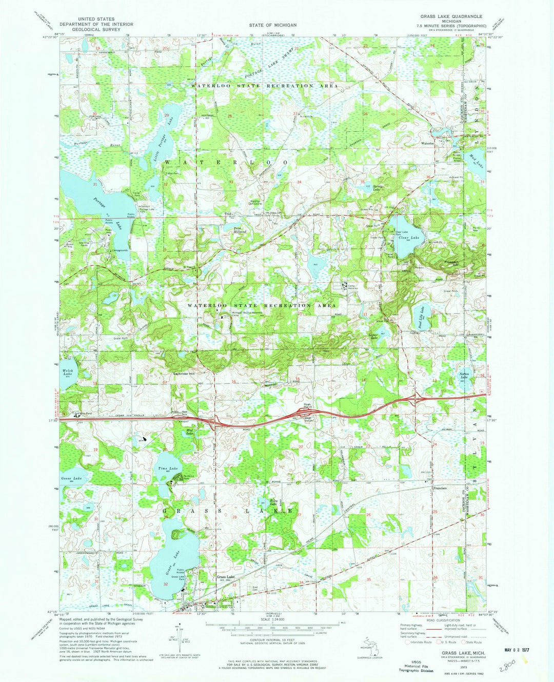 1973 Grass Lake, MI - Michigan - USGS Topographic Map