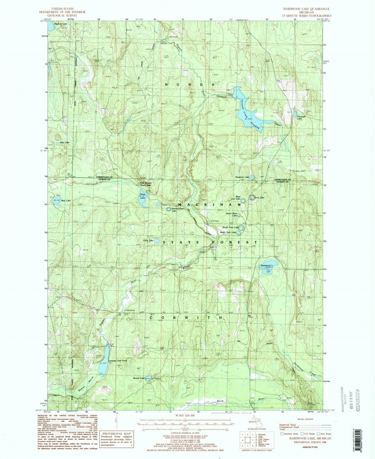 1986 Hardwood Lake, MI - Michigan - USGS Topographic Map