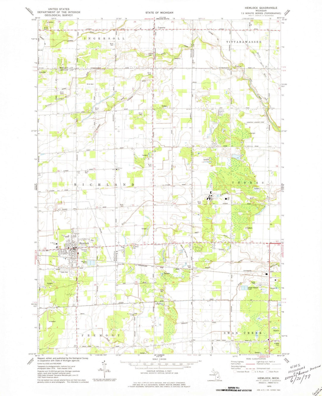 1975 Hemlock, MI - Michigan - USGS Topographic Map