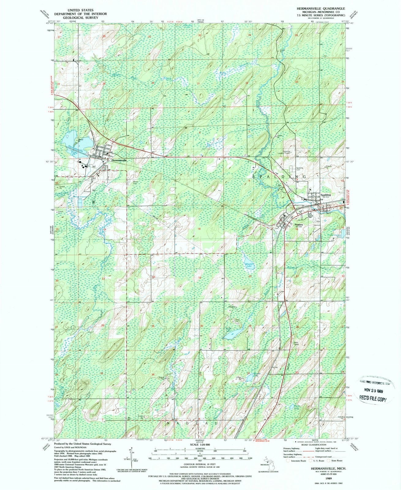 1989 Hermansville, MI - Michigan - USGS Topographic Map