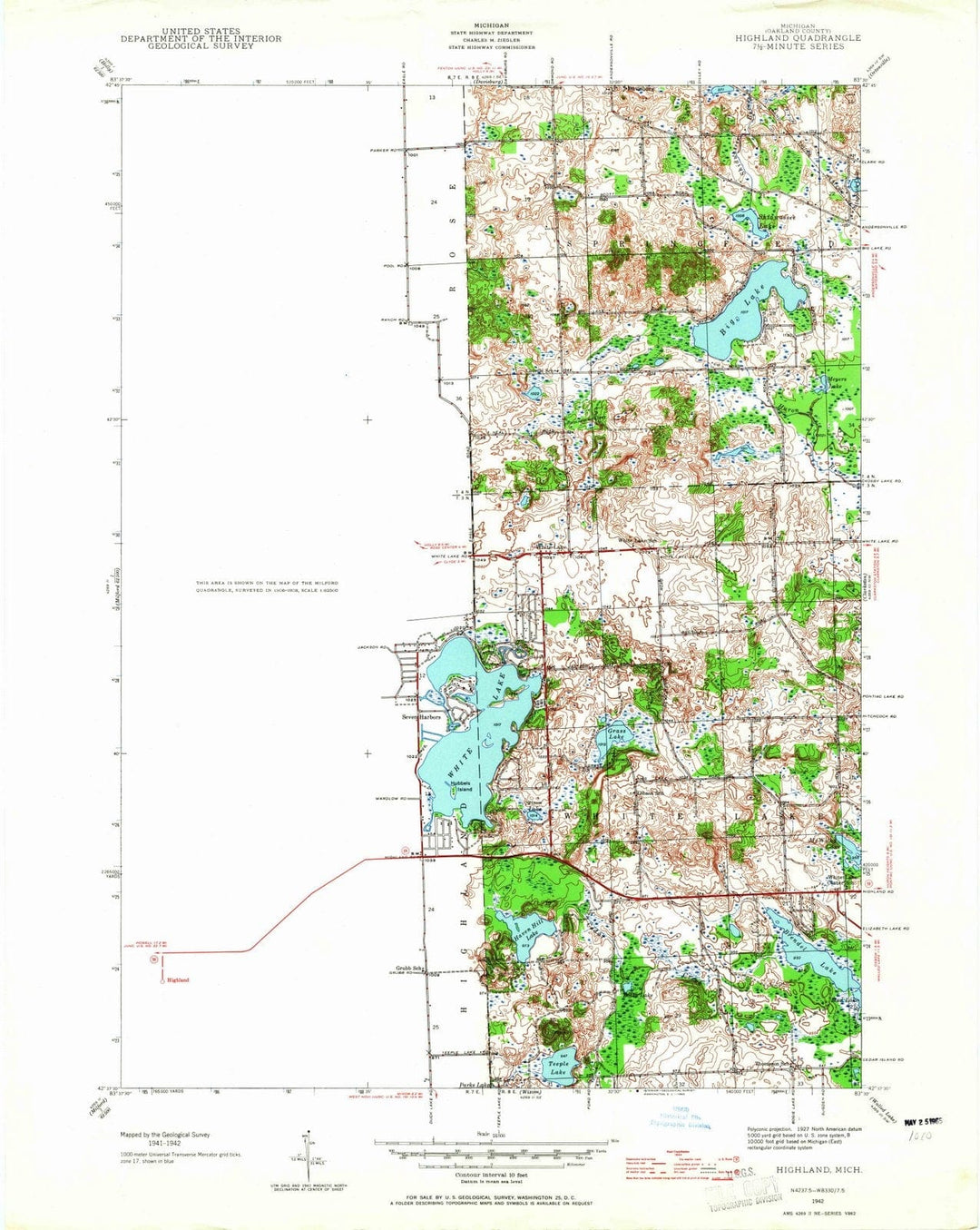 1942 Highland, MI - Michigan - USGS Topographic Map