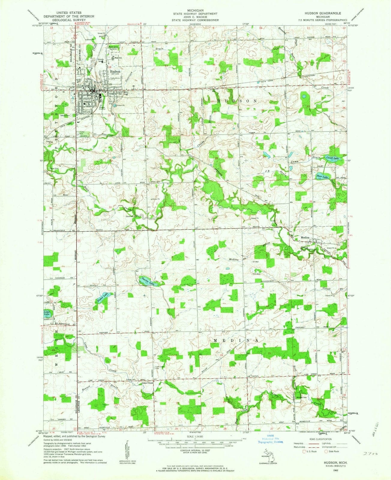 1962 Hudson, MI - Michigan - USGS Topographic Map