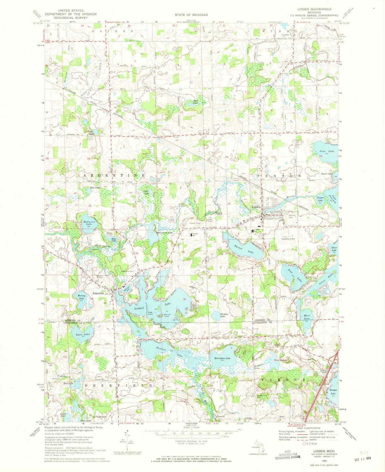 1969 Linden, MI - Michigan - USGS Topographic Map