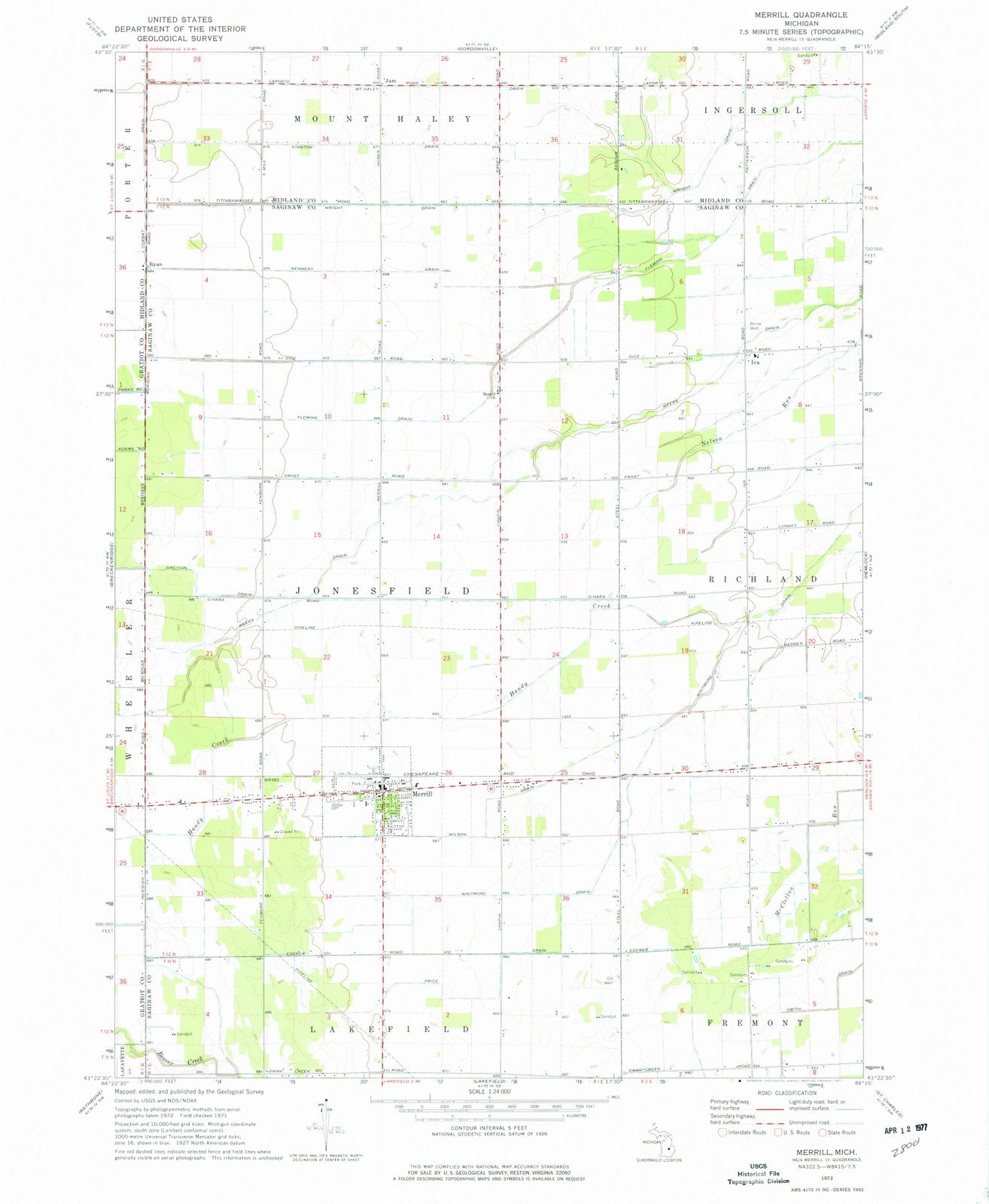 1973 Merrill, MI - Michigan - USGS Topographic Map