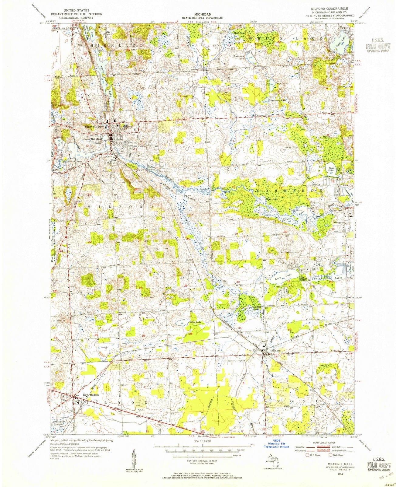 1954 Milford, MI - Michigan - USGS Topographic Map