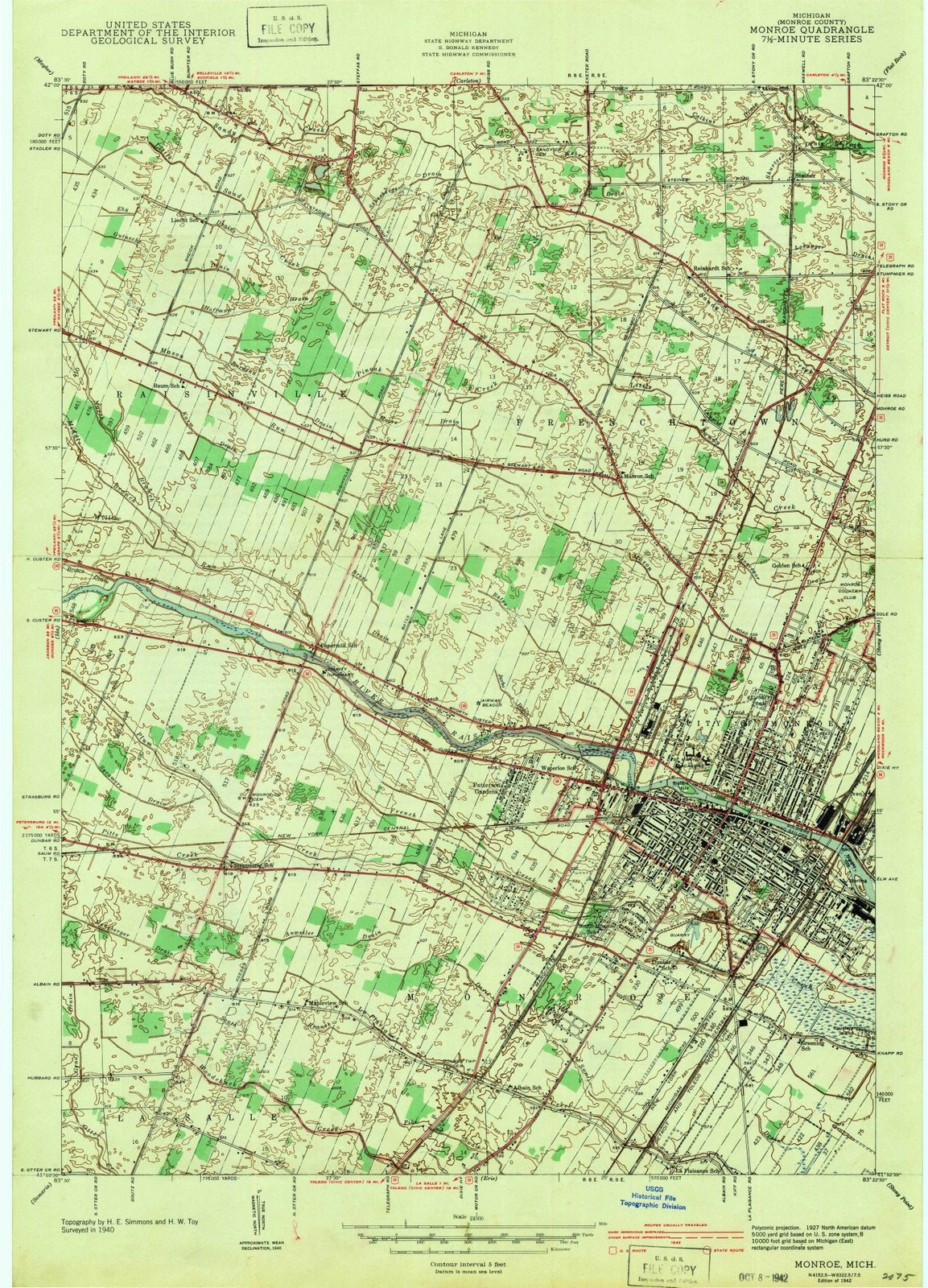 1942 Monroe, MI - Michigan - USGS Topographic Map