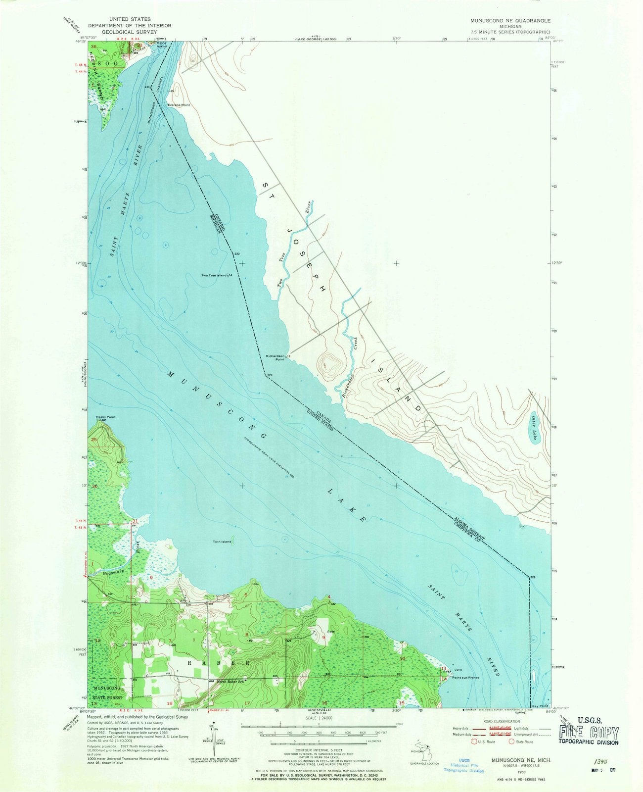 1953 Munuscong, MI - Michigan - USGS Topographic Map