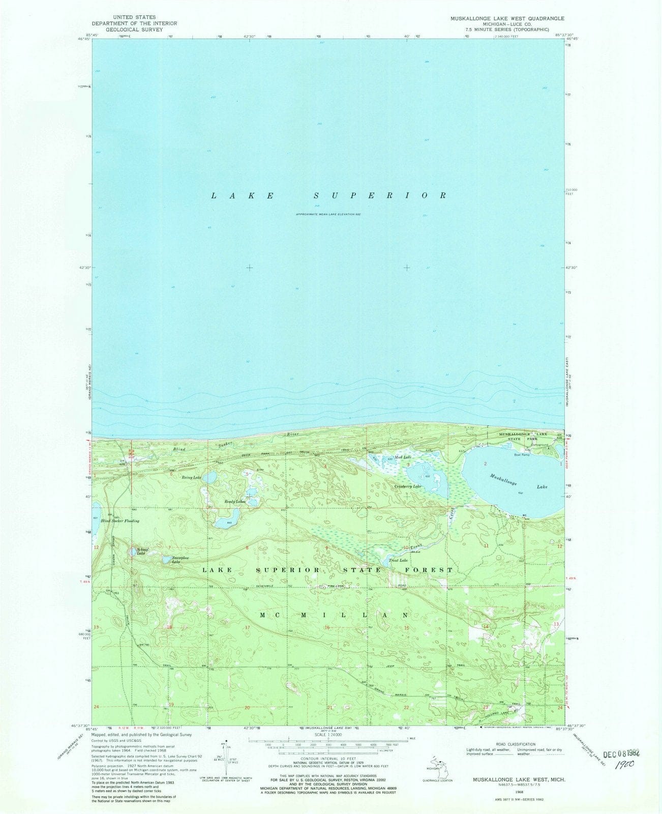 1968 Muskallonge Lake West, MI - Michigan - USGS Topographic Map