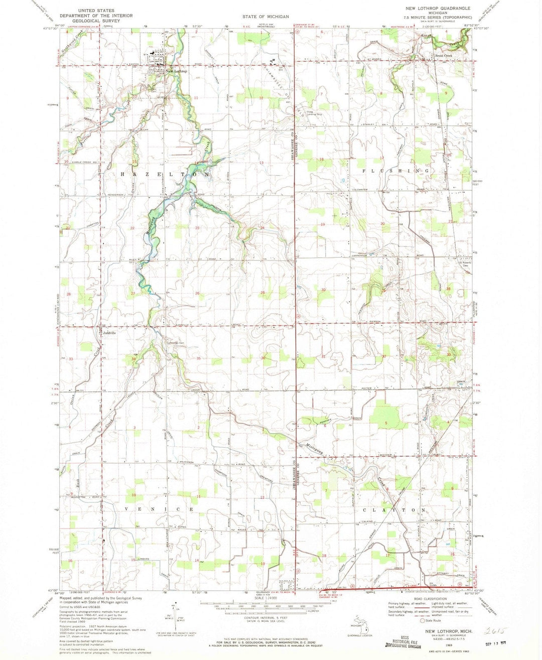 1969 New Lothrop, MI - Michigan - USGS Topographic Map